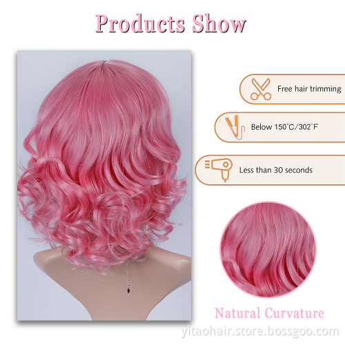 Pink wavy  Wig with Bangs Short Synthetic Hair Wigs for  Women Neon Pink Shoulder Length Wig for Daily Cosply Party Use